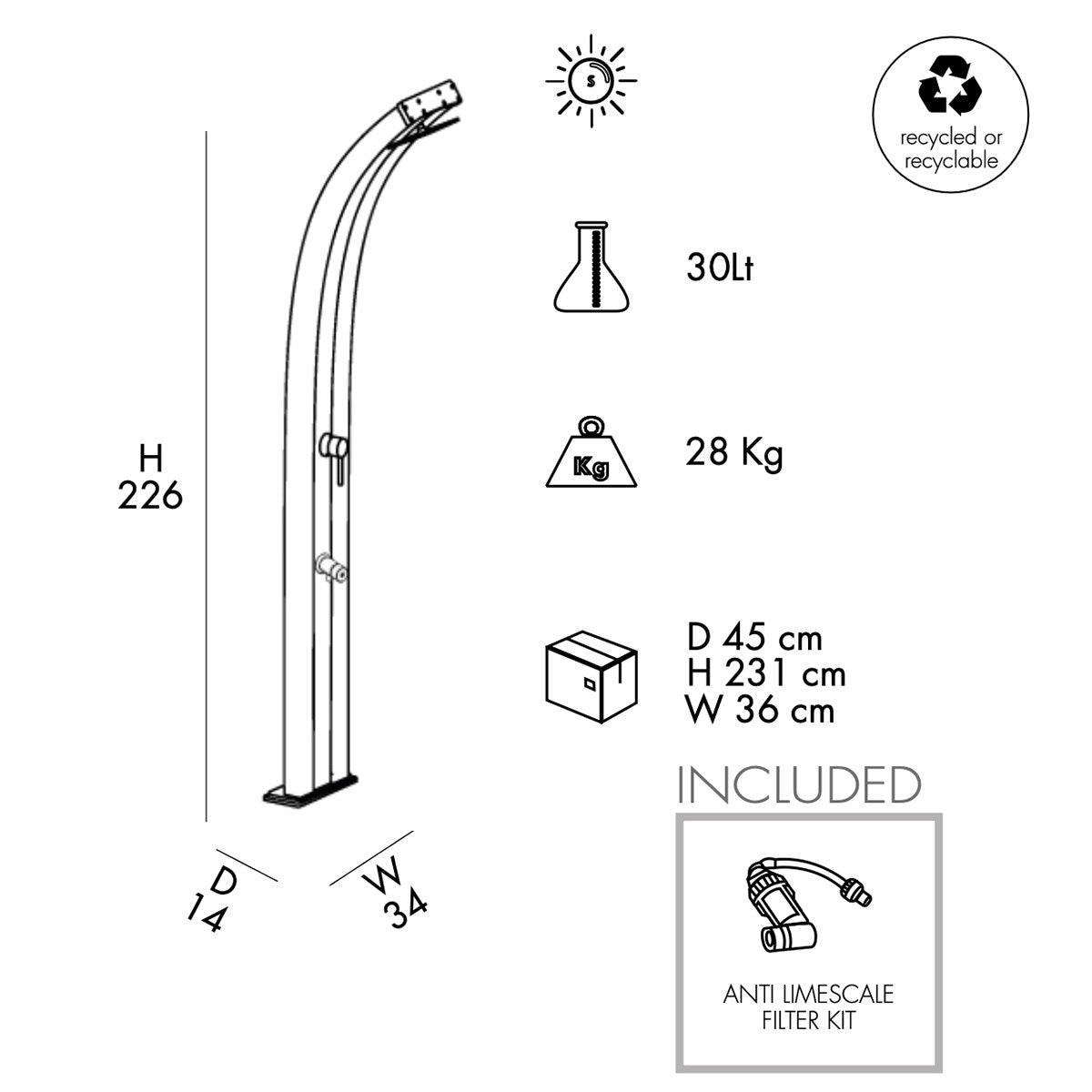 Doccia Solare in Alluminio 30 Lt con lavapiedi temporizzato Arkema Design DADA D320