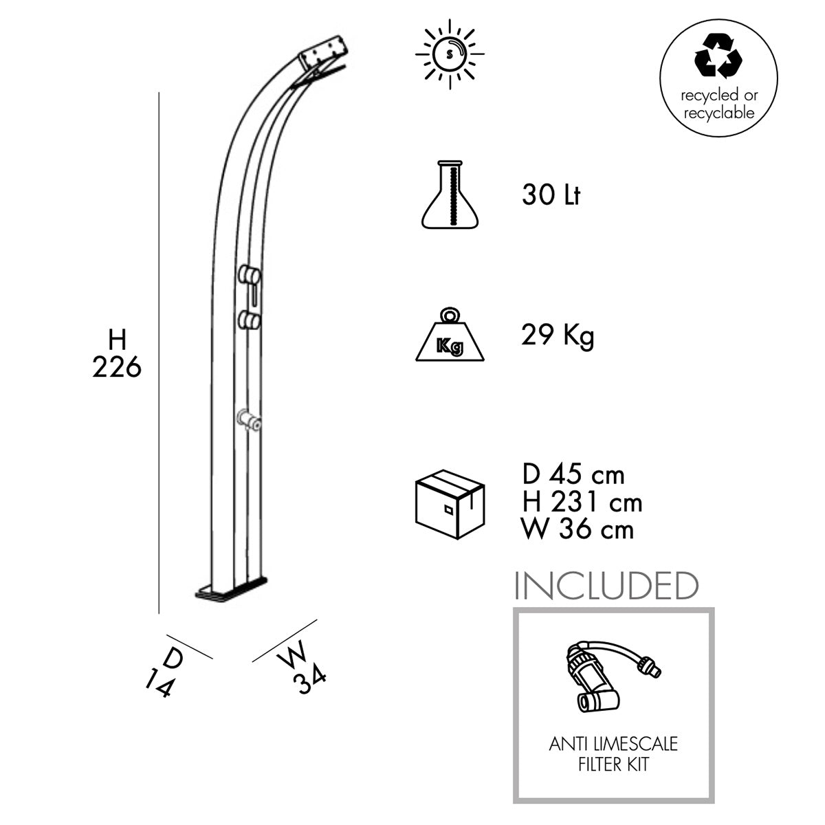 Doccia Solare in Alluminio 30 Lt con temporizzatore e lavapiedi temporizzato Arkema Design DADA D330