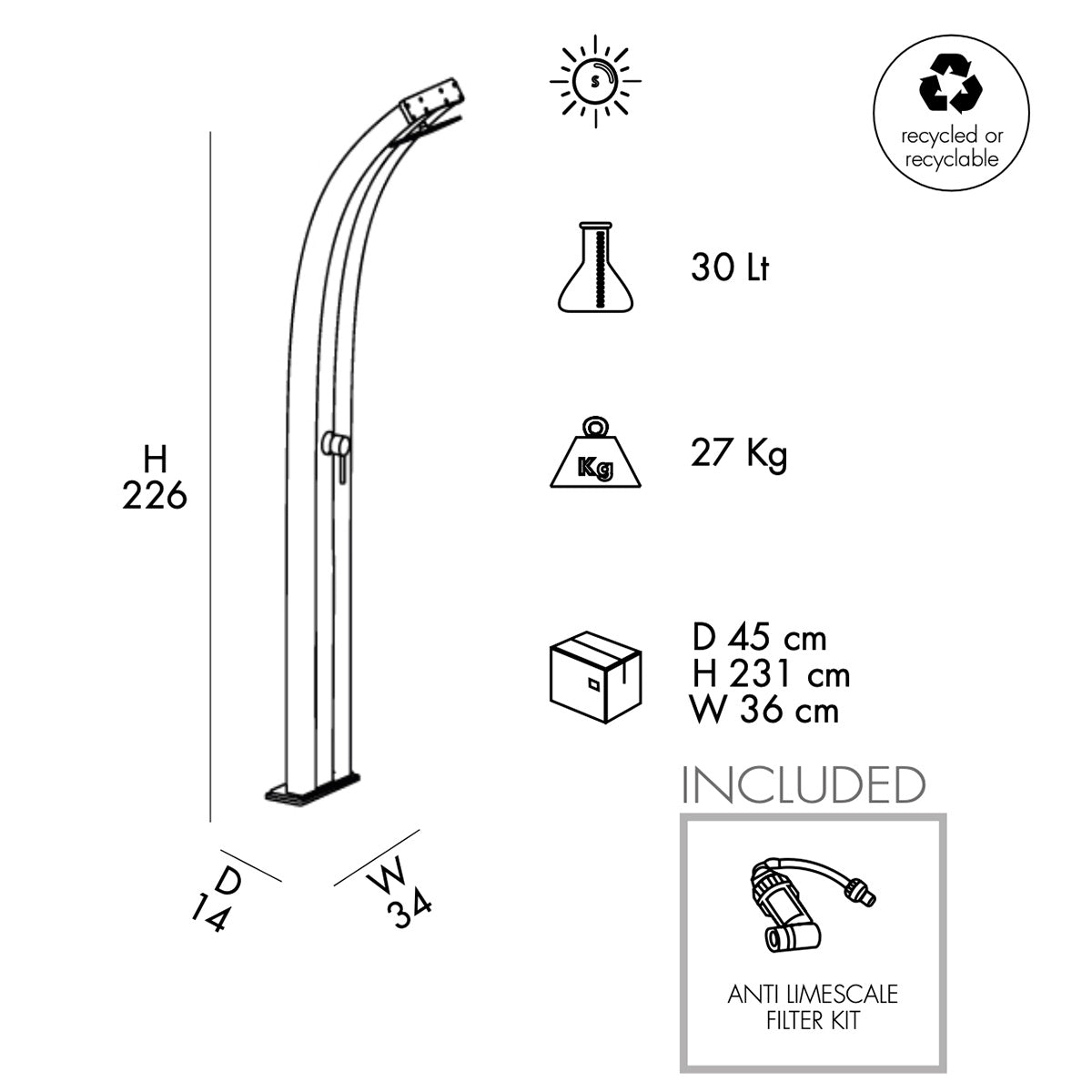 Doccia Solare in Alluminio 30 Lt Arkema Design DADA D300