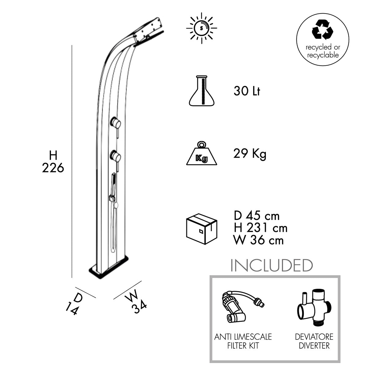 Doccia Solare in Alluminio 30 Lt con doccetta e deviatore Arkema Design DADA D340