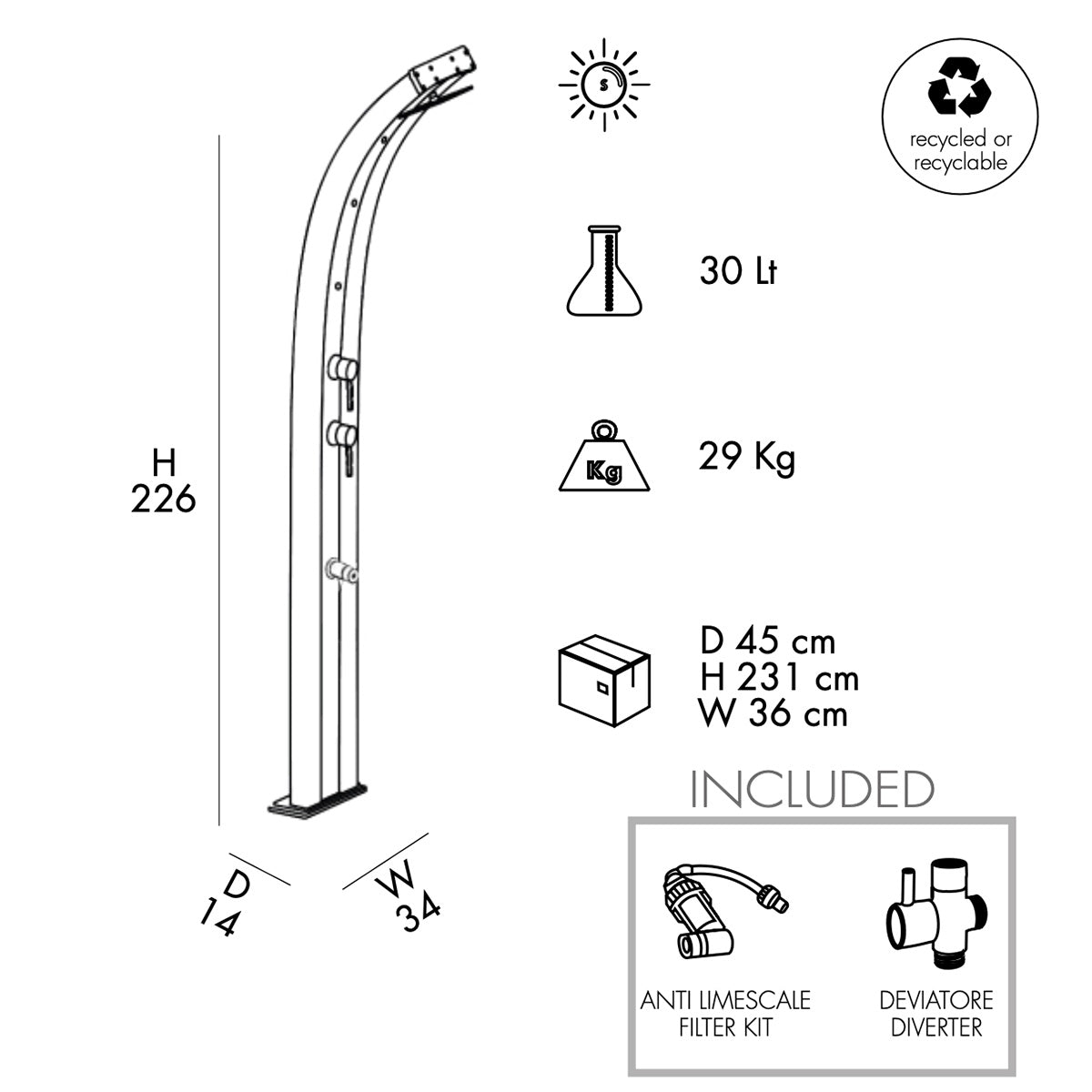 Doccia Solare in Alluminio 30 Lt con 3 nebulizzatori, deviatore e lavapiedi temporizzato Arkema Design DADA D350