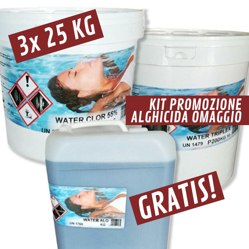 KIT PROMO Chimico 3 x 25 Kg Water Triplex + Water Clor 55 + Water Alg (dimensionato per piscine fino a 60 mc - 1 stagione)