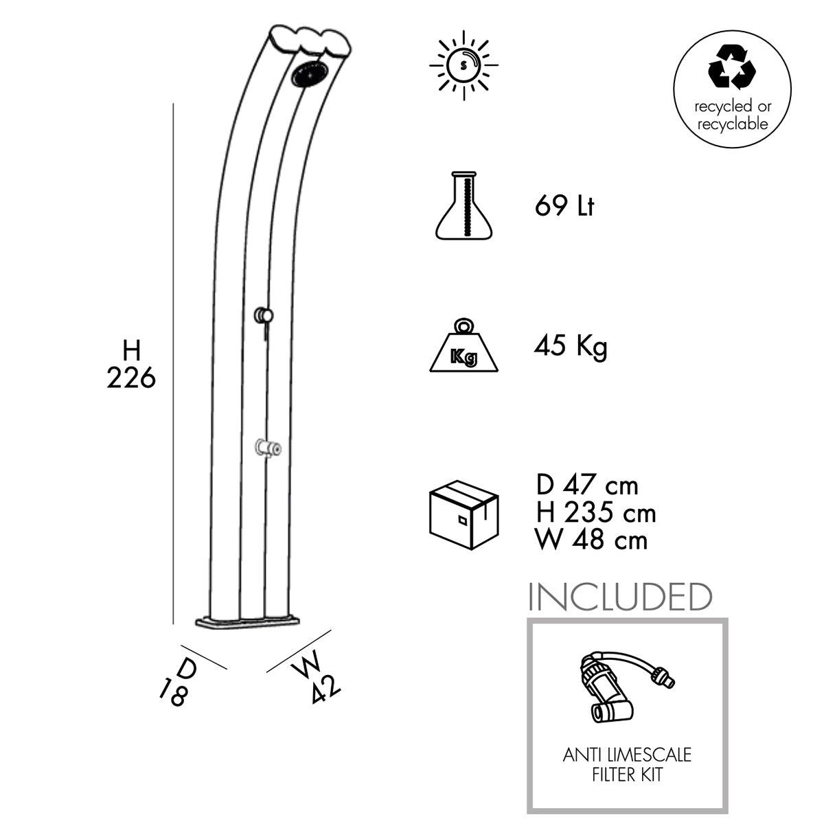 Doccia Solare in Alluminio 69 Lt con lavapiedi temporizzato Arkema Design ENERGY PRO A920