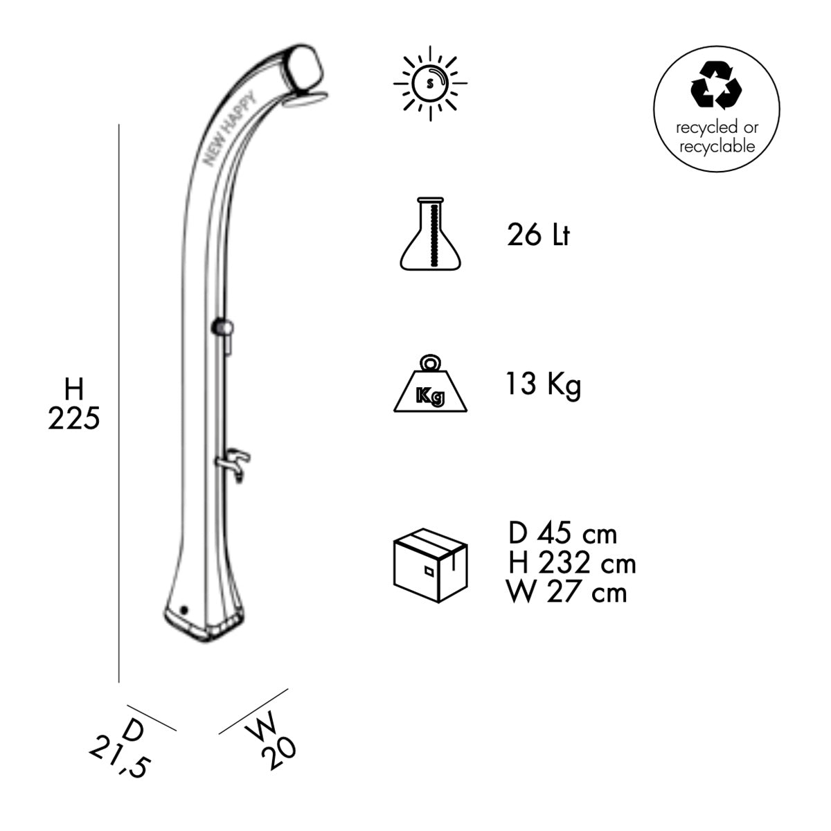 Doccia Solare in Resina 26Lt con lavapiedi Arkema Design NEW HAPPY H220